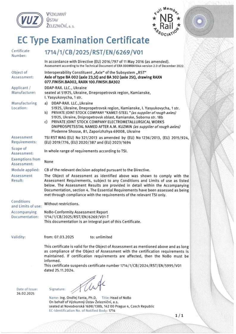 Certificate VUZ (Vyzkumny Ustav Zeleznicni) of Interoperability Constituent "Axle" of the "RST" subsystem